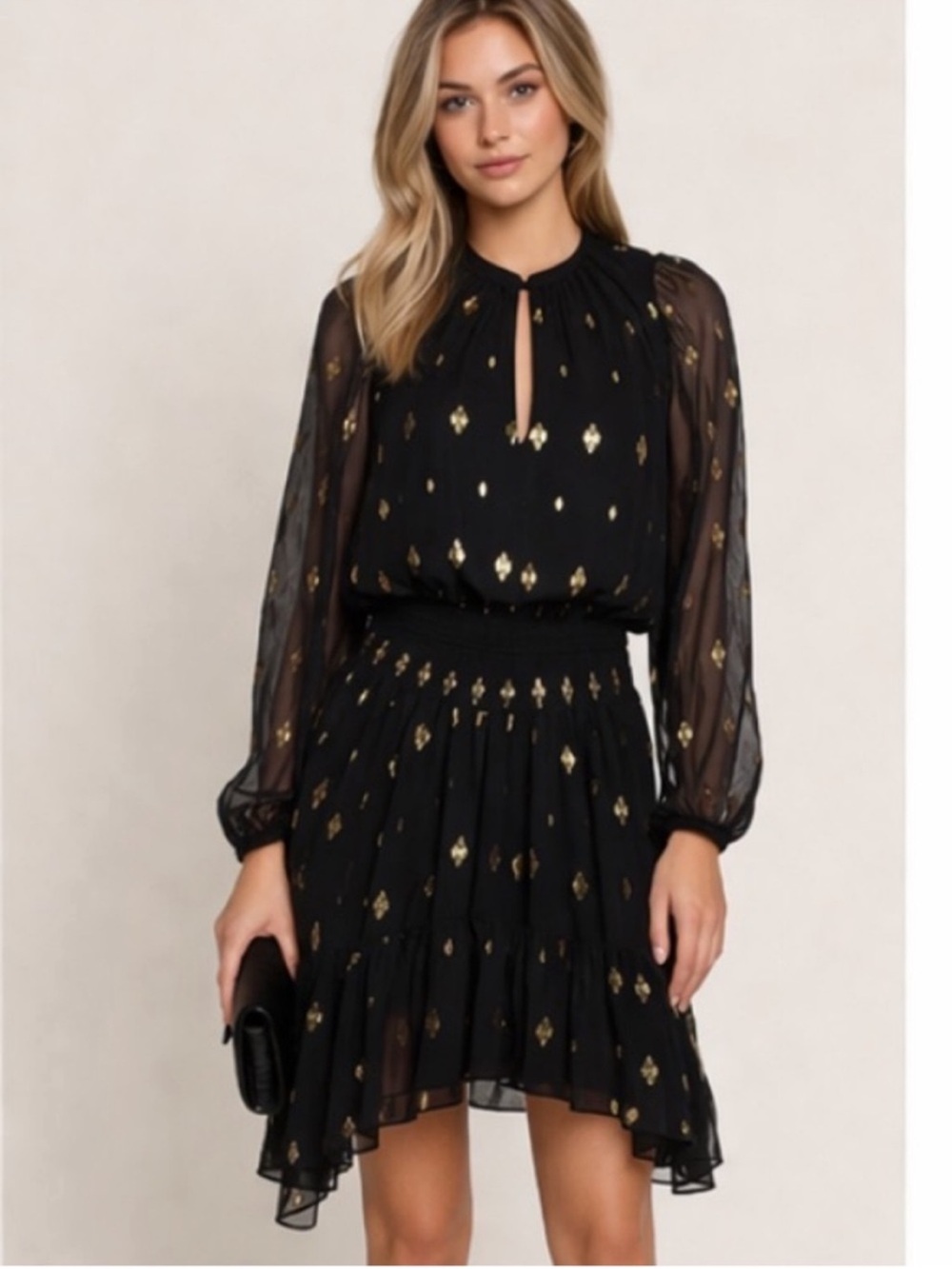 A.L.C. Sydney Silk Shirtdress Black Gold Metallic Print Ruffle Keyhole Dress XS